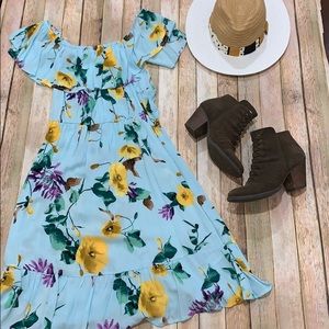 Aqua Floral off the shoulder Dress